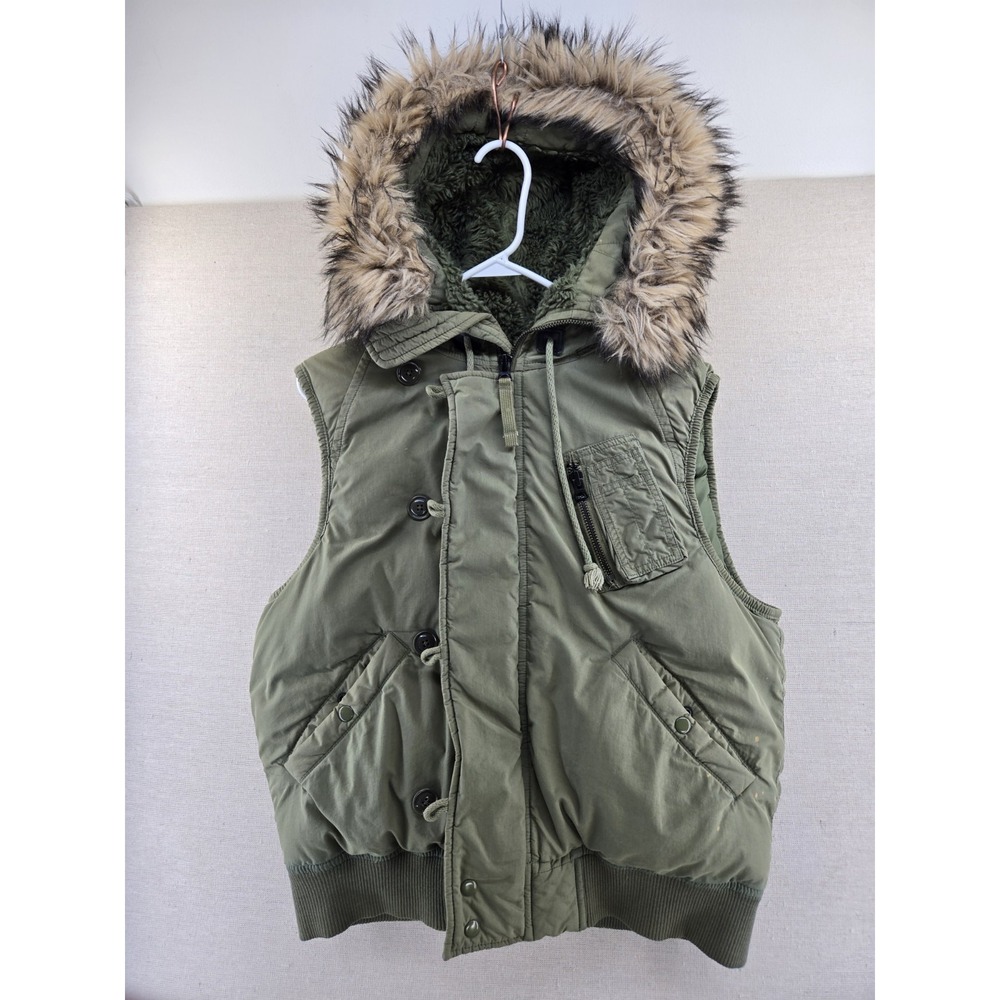 Denim & Supply Ralph Lauren N-2B Flight Puffer Vest Hooded Down Faux Fur Green